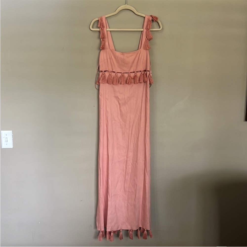 NWT Antonio Melani Nat Note Cici Tassel
Linen Fringe Maxi Dress Pink Sleeveless - Picture 5 of 8